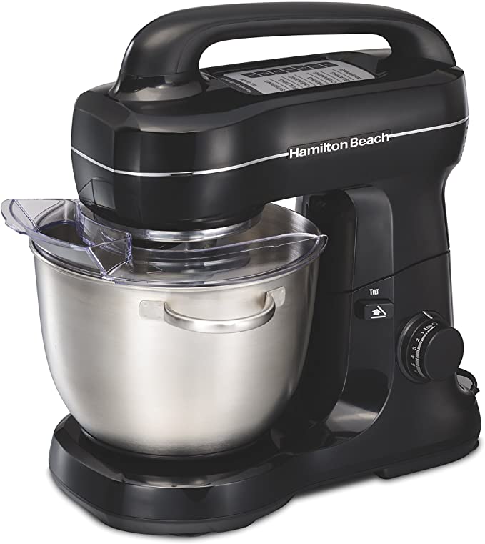 Hamilton Beach Electric Stand Mixer, Tilt-Head, 4 Quarts, 7 Speeds With Whisk, Dough Hook, Flat Beater Attachments, Splash Guard, Black (63391),