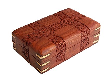 Fine Polished Wooden Keepsake Jewelry Box Organizer with Floral Hand Carvings & Velvet Interior