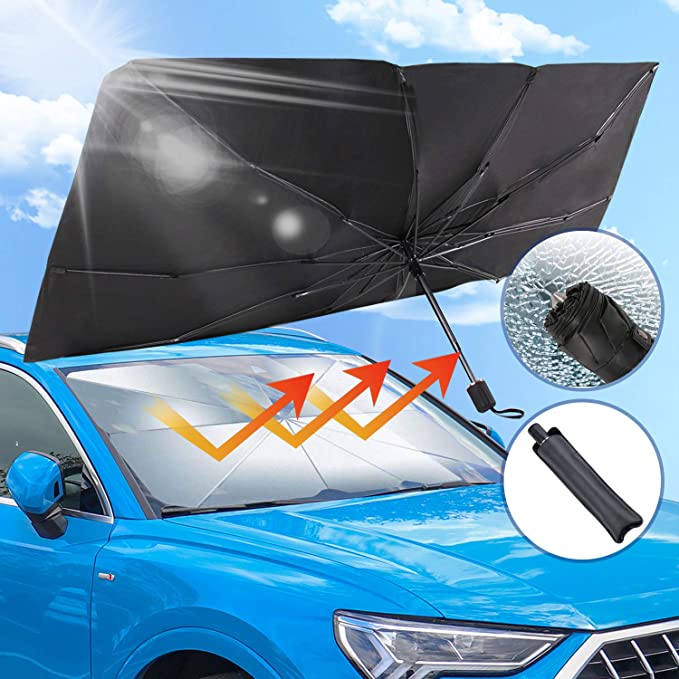 UVANTI Car Windshield Sunshade Umbrella with Escape Safety Hammer, Folding Car Sun Shade Parasol Umbrella, 57"x31"