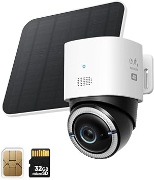 eufy Security 4G LTE Cam S330, 4K Cellular Wireless Security Camera, Pan and Tilt, Solar Powered, AI Human/Vehicle Tracking, with SIM Card and 32GB SD Card.