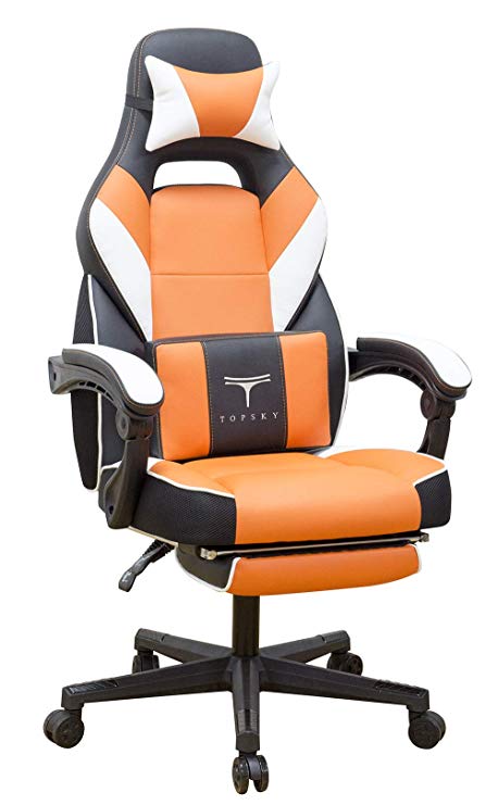 TOPSKY High Back Racing Style Executive Computer Gaming Office Chair Ergonomic Reclining Design with Lumbar Cushion Footrest and Headrest (Orange)