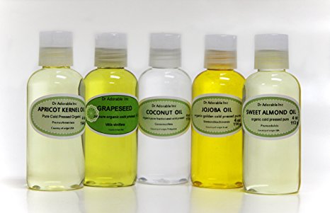 5 Variety Set All Natural Premium Organic 100% Pure Oils (Fractionated Coconut Oil, Jojoba Oil, Apricot Kernel Oil, Grapeseed Oil, Sweet Almond Oil) Hair Skin Nails Care