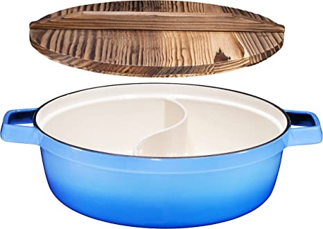 Bruntmor Enameled 2-In-1 Cast Iron Big Pot With Lightweight Wooden Lid. Non-Stick Round Emamel Ceramic Skillet Wok. Round Bottom Wok Pan With Lid For Shabu Shabu Hot Pot. 5 Quart, Caribbean Blue