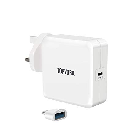 USB C Charger, TOPVORK UL Certified 65W with Type-C to USB-A Adapter Quick Charge 3.0 and Power Delivery 3.0 Universal Travel Wall Charger for Apple MacBook 12",iPad Pro, DELL, iPhone X/8/8 Plus, Huawei P9/P10, Google Pixel, HP Spectre, Lenovo ThinkPad and More