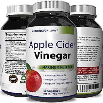 Apple Cider Vinegar Weight Loss Supplement for Men and Women - Pure ACV Diet Pills Fat Burner Appetite Suppressant with Apple Pectin Spirulina Kelp and Vitamin B-6-60 Capsules by Huntington Labs