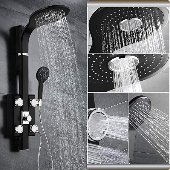 SR SUN RISE 38" Four Function Shower Panel with Rain Shower,High Pressure Rain Shower,Handheld Shower and Four Massage Jet,Aluminum-Magnesium Alloy High Temperature Taking Process Black Without Faucet