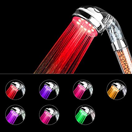 LED Shower Head, HWTONG Handheld Shower Head, Negative Ionic Double Filter Removes Heavy Metals, Chlorine, Bacteria and Impurities, 7 Color Changing[Large]