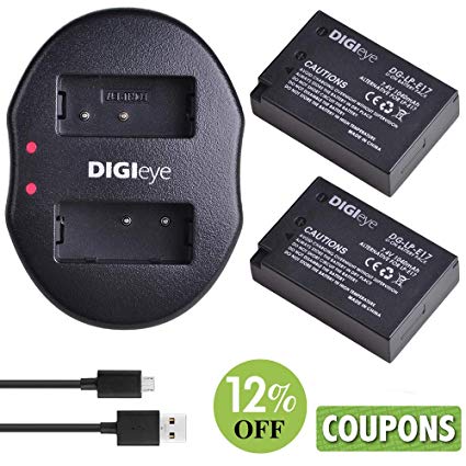 DIGIeye LP-E17 Battery (2 Pack) and Dual USB Charger Compatible with Canon EOS Rebel T6i, T6s, T7i, 750D, 760D, 8000D, Kiss X8i, 800D, 77D, 200D, EOS SL2, EOS M3, M5, M6 Camera