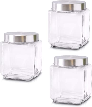 Food Storage Containers – Set of 3 Glass Jars with Stainless Steel Lids – Square Glass Containers for Coffee, Spices, Beans and Food – Reinforced Lid for Secure Closure – 40oz