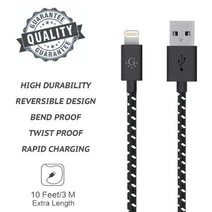 Go Beyond Nylon Braided 10ft 8pin USB Charge and Sync Cable for iPhone SE/5/6/6s/Plus/iPad Mini/Air/Pro (Black Nylon, Compatible with iOS 9)