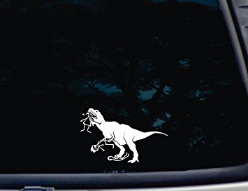 T-Rex eating Stick Figure Family - 6" x 3 3/4" die cut vinyl decal for windows, cars, trucks, tool boxes, laptops, MacBook virtually any hard, smooth surface. NOT PRINTED!