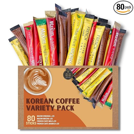 Korean Instant Coffee Mix 80 Packets wiht 4 Flavors - Maxim Coffee and French Cafe Variety Pack, 3 in 1 Instant Coffee Set - Mocha Gold Mild, Original, Cafe Mild, French Arabica