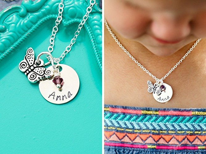 Personalized Butterfly Necklace – DII - Easter Gift Basket - Little Girls Jewelry – Handstamped Handmade – 5/8" 15MM Silver Disc – Choose Birthstone Color – Custom Name – 1 Day Shipping
