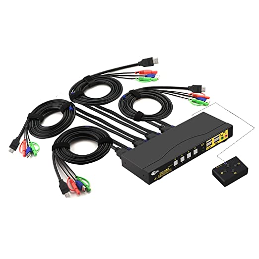 CKLau Ultra HD 4 Port HDMI 2.0 Cables KVM Switch with Audio and USB 2.0 Hub Support Keyboard Mouse Switching Max Resolution Up to 4Kx2K@60Hz 4:4:4 for Windows, Linux, Mac, Raspbian, Ubuntu
