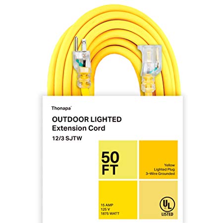 Thonapa 50 Foot Outdoor Extension Cord - 12/3 Heavy Duty Yellow Extension Cable with 3 Prong Grounded Plug for Safety - Great for Garden and Major Appliances