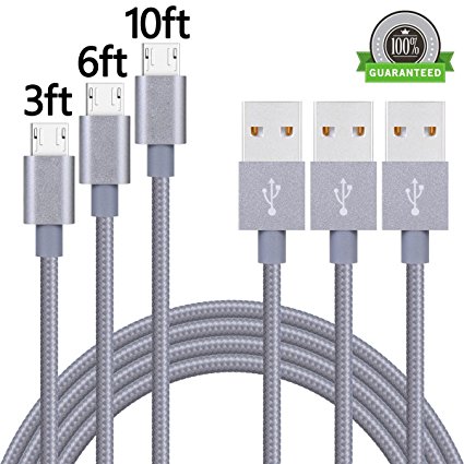 ONSON Micro USB Cable,3Pack 3FT 6FT 10FT Long Nylon Braided High Speed 2.0 USB to Micro USB Charging Cable Android Charger Cord for Samsung Galaxy S7/S6/S5,Note 5/4/3,HTC,LG,Android Devices(Gray)