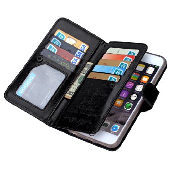 BRG 9 Card Slot Flip Folio Wallet Leather Case for iPhone 6 6s with Magnetic Detachable Back CoverBlack