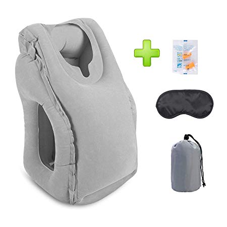 HAIYANLE Inflatable Travel Pillow for Airplanes Portable Airplane Pillow for Head Neck Support on Flight Train Car Used as Office Napping Camping Pillows with Extra Bonus Eye Mask Earplugs (Grey)