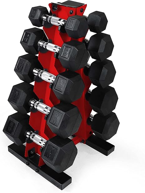 WF Athletic Supply 5-25Lb Rubber Coated Hex Dumbbell Set with A Frame Storage Rack Non-Slip Hex Shape for Muscle Toning, Strength Building & Weight Loss - Multiple Choices Available