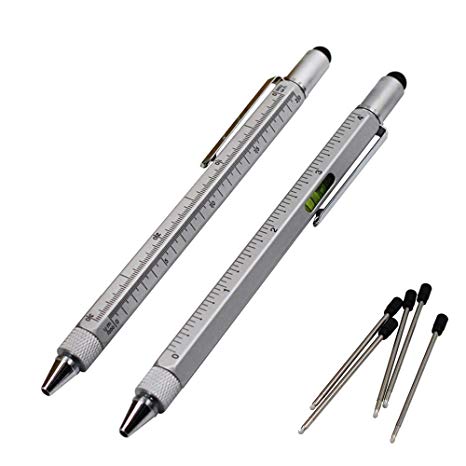 2PCS PACK 6 in 1 Screwdriver Tool Pen - Mini Multifunction Pen with Stylus, Flat and Phillips Screwdriver Bit, Bubble Level and inch cm Ruler all in one (Light grey)
