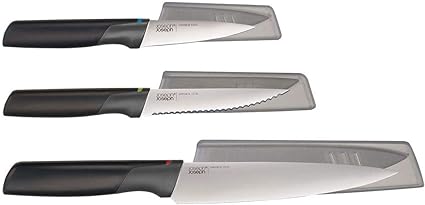 Joseph Joseph 3-Piece Elevate Knife Set with Ergonomic handles. Kitchen Paring, Serrated & Chef's knife with storage sheaths, knives made from Japanese Stainless-steel