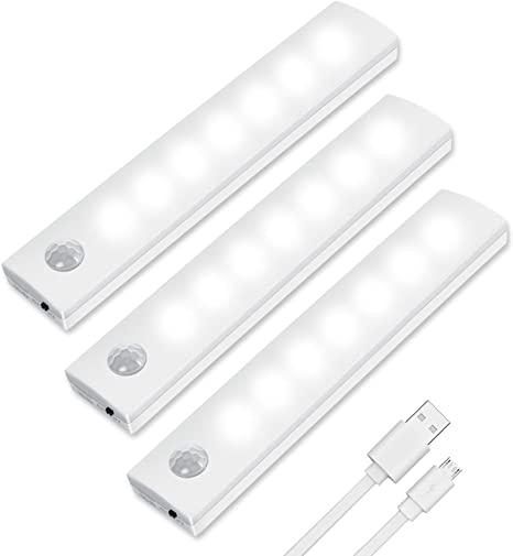 Vicloon Motion Sensor Cabinet Lights, 3 Pack LED Cupboard Lights, Auto On/Off LED Closet Light, Wireless USB Rechargeable Cabinet Night Light with Magnetic Strip for Wardrobe, Cabinet, Stairs