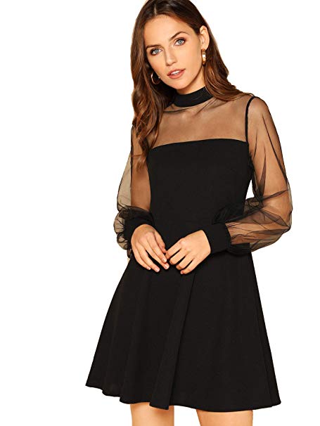 Romwe Women's High Waist Tulle Puff Sleeve Swing Hem Cocktial Party Short Dress