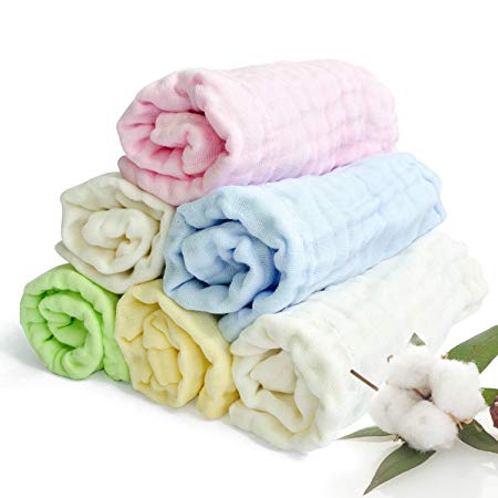 Aibrisk Baby Muslin Washcloths - Natural Muslin Cotton Baby Slobber Wipes Baby Burp Cloth Pure Cotton Face Towel for Newborn Baby as Shower Gift (6 Pack, 11x11 inches)