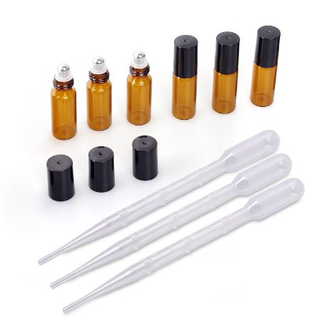 Amber Glass Roller Bottles Sample Vial for Fragrance Essential Oil Blends,Aromatherapy,Perfume Bottle,Eye Serum,5ml/6 Pack,with 3 Pack 3ml Plastic Transfer Pipettes-Perfect Size for Travel