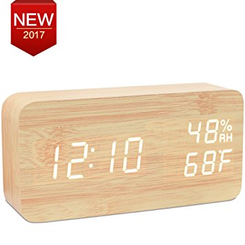 Wood Digital Alarm Clock Displaying Temperature&Humidity (Bamboo, White LED) Wooden Desk Clock
