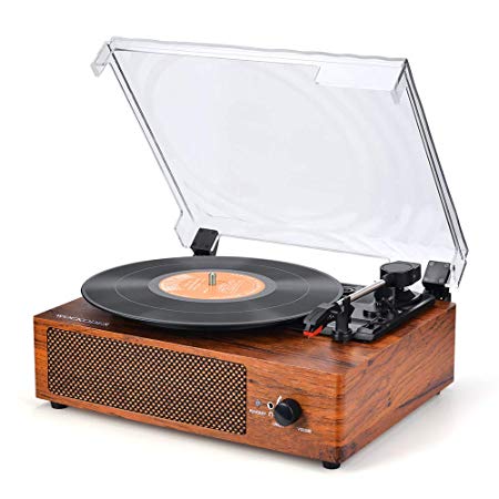 WOCKODER Vinyl Record Player Turntable 3 Speed Bluetooth Record Player with built In Speakers/Rechargable Battery/Vinyl-to-MP3 Recording/Headphone Jack/Aux Input/RCA Line Out