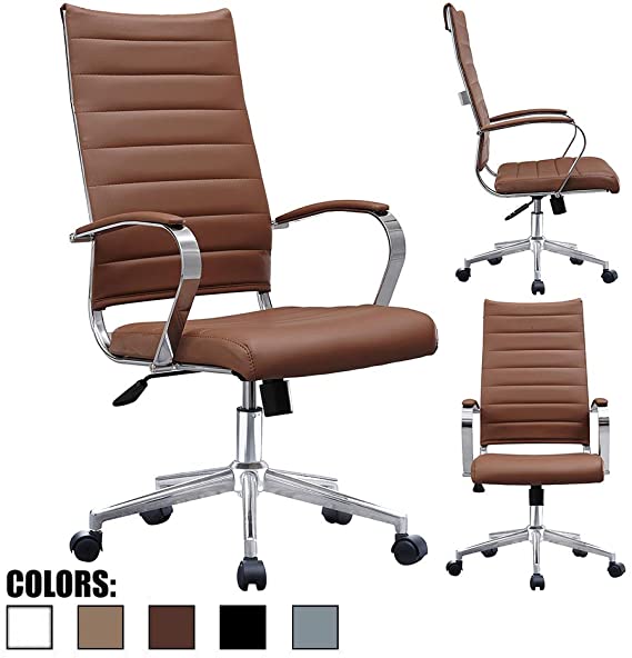 2xhome Contemporary Mid Century Modern High Back Tall Ribbed PU Leather Swivel Tilt Adjustable Chair with Back Swivel Wheels Designer Boss Executive Office Conference Room Task Desk Chrome (Brown)