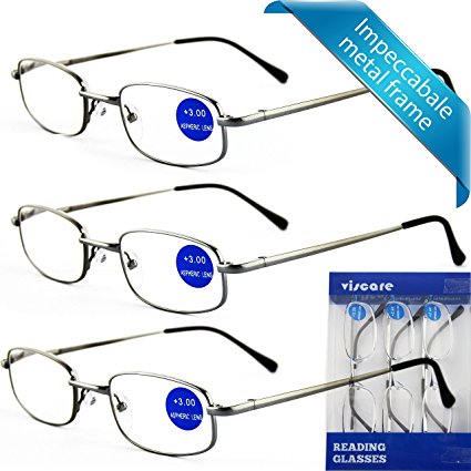 IMPECCABLE METAL frame and crystal clear vision - Viscare 3-Pack Men Women Metal Spring Hinged Full Frame Reading Glasses Readers With Case n Cloth  1.00