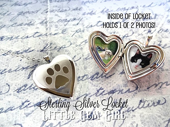 Sterling Silver Pet Locket personalized with your Photos - Paw Print Heart Locket Necklace - In Memory Memorial Jewelry with Engraved Name on Back