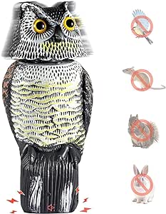 Ohuhu Horned Owl Decoy with 3 Different Tweets & Rotating Head, Fake Owl Scarecrow Statue to Scare Birds Away for Patio Yard Garden