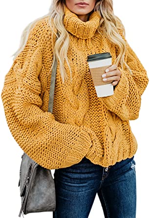 Dokotoo Women Solid Turtleneck Balloon Long Sleeve Sweaters Pullover Outerwear