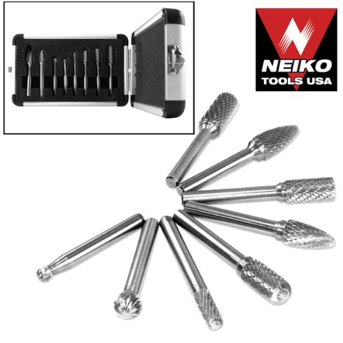 Neiko 10032A 14-Inch Shank Rotary Burr Set Made of Double Cut Carbide  8-Piece Set