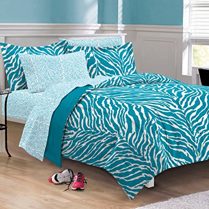 My Room Zebra Ultra Soft Microfiber Comforter Sheet Set, Aqua, Twin/Twin X-Large