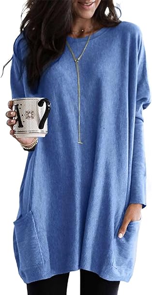 Dokotoo Womens Casual Long Sleeve Shirts Lightweight Sweatshirts Fashion Tunic Tops with Pockets