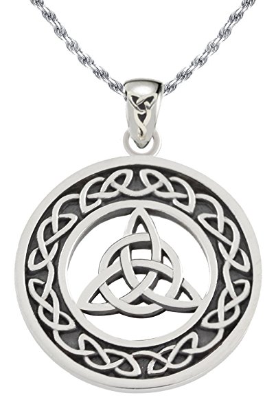 0.925 Sterling Silver Irish Celtic Trinity and Love Knot Pendant with Box Chain Necklace