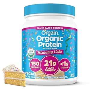 Orgain Organic Vegan Protein Powder, Birthday Cake - 21g Plant Based Protein, 7g Prebiotic Fiber, Low Net Carb, No Lactose Ingredients, No Added Sugar, Non-GMO, for Shakes & Smoothies, 1.02 lb