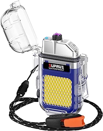 SUPRUS Waterproof Windproof Lighter Dual Arc Plasma Electric Lighters Rechargeable Lighter with Survival Emergency Whistle and Lanyard