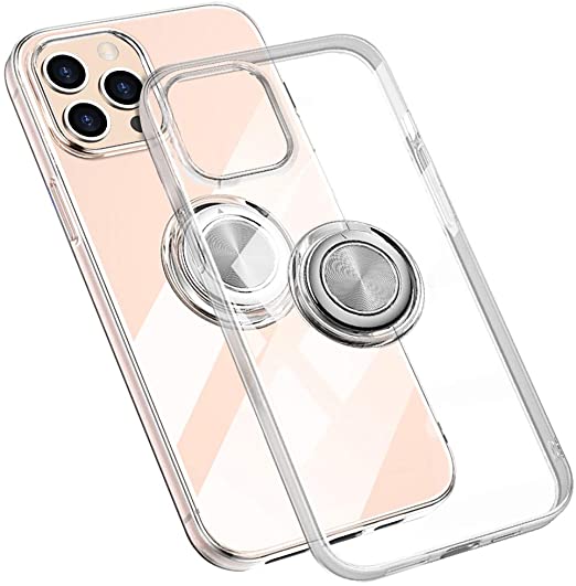 Hayder iPhone 12 Pro Max Case Clear Metal Ring Holder Kickstand Magnetic Car Mount Slim Fit Silicone Soft TPU Bumper Protective Cover for iPhone 12 Pro Max 6.7inch (Clear)