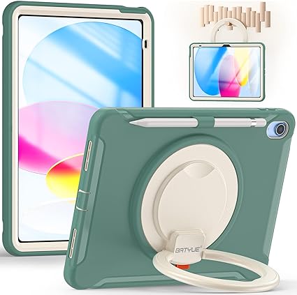 BATYUE iPad 10th Generation Case - Rugged Shockproof Protection Cover for 2022 10.9-inch iPad (10th Generation) with Screen Protector/Pencil Holder/ 360° Swivel Stand, for Kids - Emerald Green