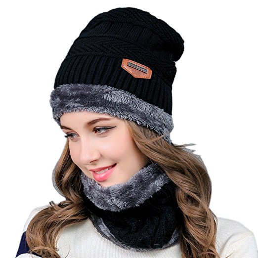 2-Pieces Winter Knit Hat and Circle Scarf with Fleece Lining, Warm Beanie Cap for Women