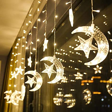 Uonlytech LED Star Curtain Lights, 138 LED Moon Star String Light, Window Curtain String Light for Wedding Party Home Garden Bedroom (2.5M, Warm White)