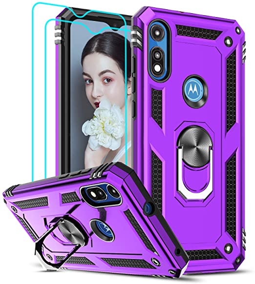 Moto E Phone Case (2020) with [2 Pack] Tempered Glass Screen Protector, LeYi Military-Grade Protective Phone Case with Ring Kickstand for Motorola Moto E 2020, Purple