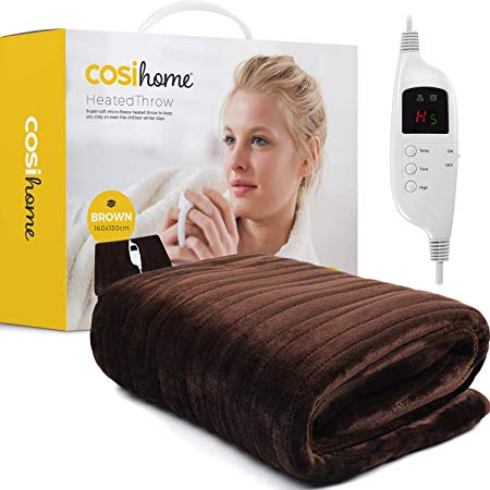 Cosi Home® Luxury Electric Heated Throw & Over Blanket - Extra Large, Machine Washable Fleece with Digital Remote, Timer and 9 Heat Settings (Brown)
