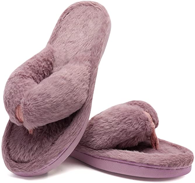 Womens-Slippers Warm Memory-Foam Soft Plush Open-Toe Thong Flip-Flops-Slippers Anti-Slip Indoor-Outdoor Bedroom-Home-House-Shoes