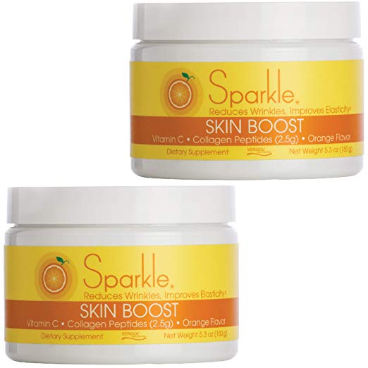 Sparkle Skin Boost Orange (2-Pack) Verisol Collagen Peptides Protein Powder Vitamin C Supplement Drink, 5.3oz
